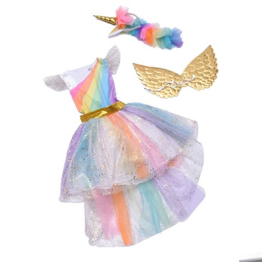 Farsangi Unikornis Jelmez Kislányoknak Szivárványszínű Ruhával, Fejdísszel És Szárnyakkal – L Méret – 130 Cm