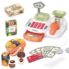   Gyermekpénztárgép szupermarket bolt szkenner számológép kosár tartozékokkal 36 db.