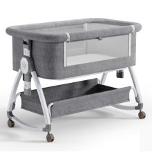 összecsukható kiságy, 6 állítható pozíció, dönthető, zárrendszer, rovarháló, tárolókosár, kerekek fékekkel, szürke