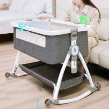 összecsukható kiságy, 6 állítható pozíció, dönthető, zárrendszer, rovarháló, tárolókosár, kerekek fékekkel, szürke