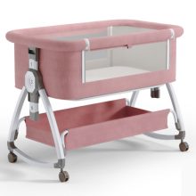 összecsukható kiságy, 6 állítható pozíció, dönthető, zárrendszer, rovarháló, tárolókosár, kerekek fékekkel, rózsaszín