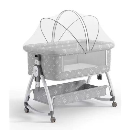 összecsukható kiságy, 6 állítható pozíció, dönthető, zárrendszer, rovarháló, tárolókosár, kerekek fékekkel