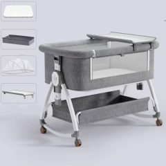   összecsukható kiságy, 6 állítható pozíció, dönthető, zárrendszer, rovarháló, tárolókosár, kerekek fékekkel, szürke