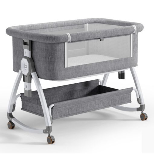 összecsukható kiságy, 6 állítható pozíció, dönthető, zárrendszer, rovarháló, tárolókosár, kerekek fékekkel, szürke