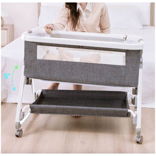 összecsukható kiságy, 6 állítható pozíció, dönthető, zárrendszer, rovarháló, tárolókosár, kerekek fékekkel, szürke