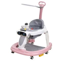 3in1 Átalakítható Zenélő Bébikomp Tolókarral Rózsaszín-szürke-fehér fékkel összecsukható
