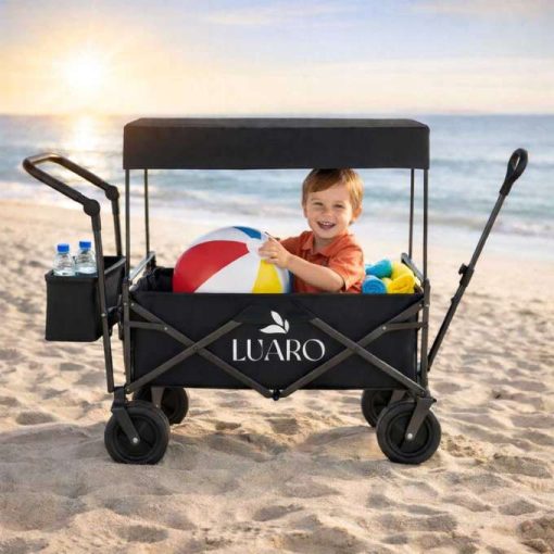 LUARO összecsukható strandszállító kocsi ponyvával és hálóval, sötétkék