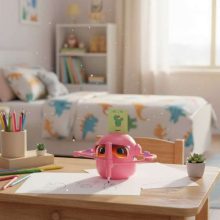 Interaktív oktató robotjáték, halak rajzolását tanuló, rózsaszín filctoll