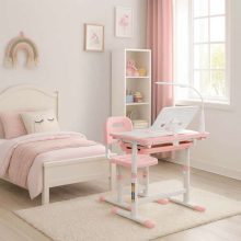 Gyerek iskolai asztal állítható szék LED lámpával USB rózsaszín