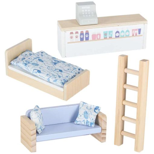 Babaház bőröndben, kiegészítők, fa bútorok