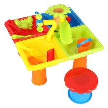 Vízasztal, négy részből áll, homokozó, lapátok, öntözőkanna, zsámoly